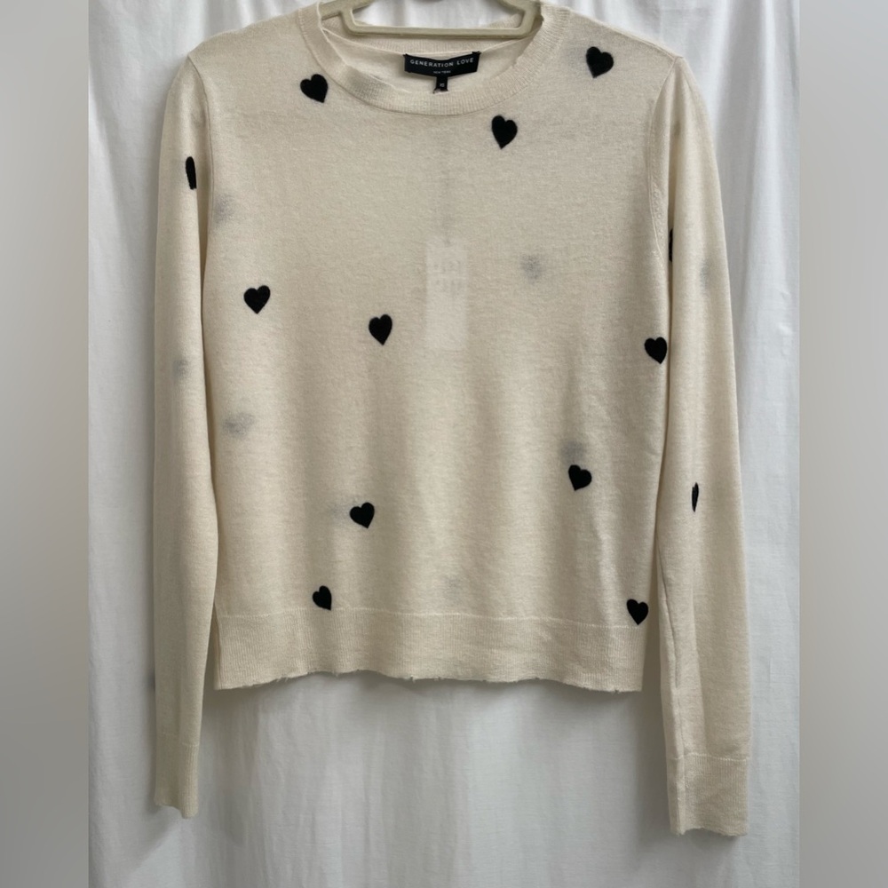 NWT Generation Love Ivory, Long Sleeve, 100% Cashmere Sweater with Black Hearts